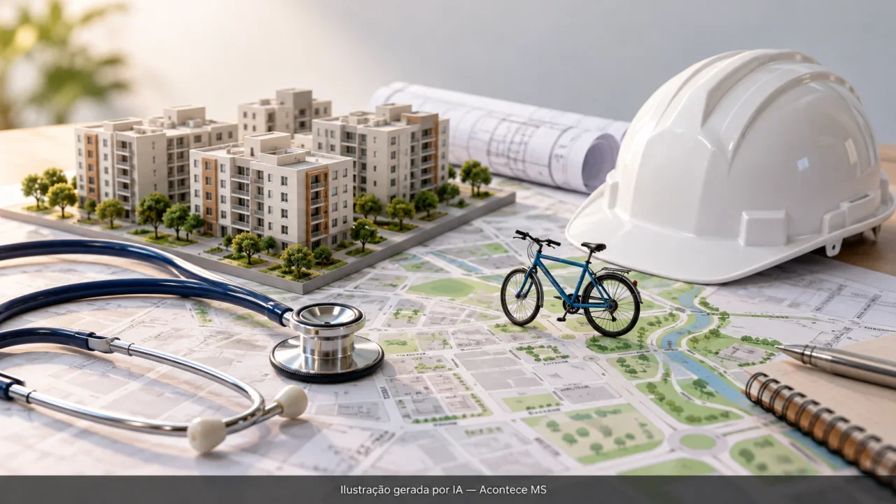 Ilustração conceitual de maquete residencial, estetoscópio, capacete e bicicleta sobre planejamento urbano; não representa obras ou serviços reais. Ilustração gerada por IA — Acontece MS.