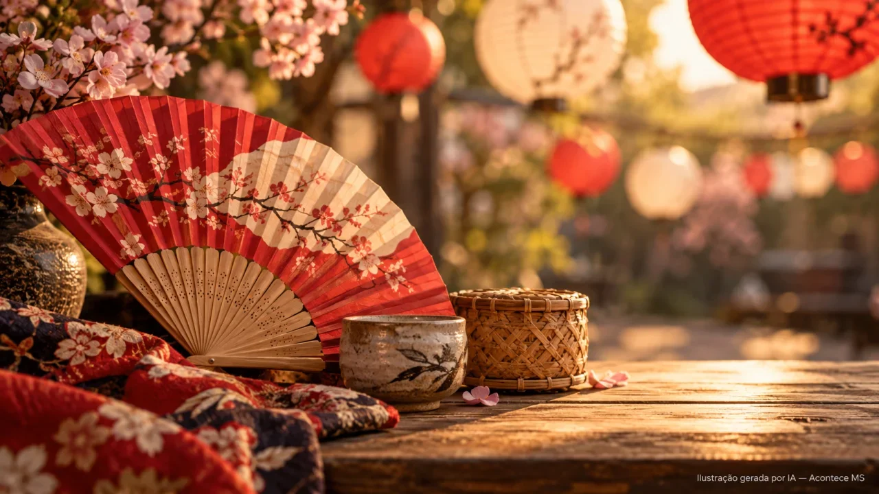 Ilustração conceitual de leque japonês, cerâmica e cestaria sobre cultura e feiras; não representa os eventos reais. Ilustração gerada por IA — Acontece MS.
