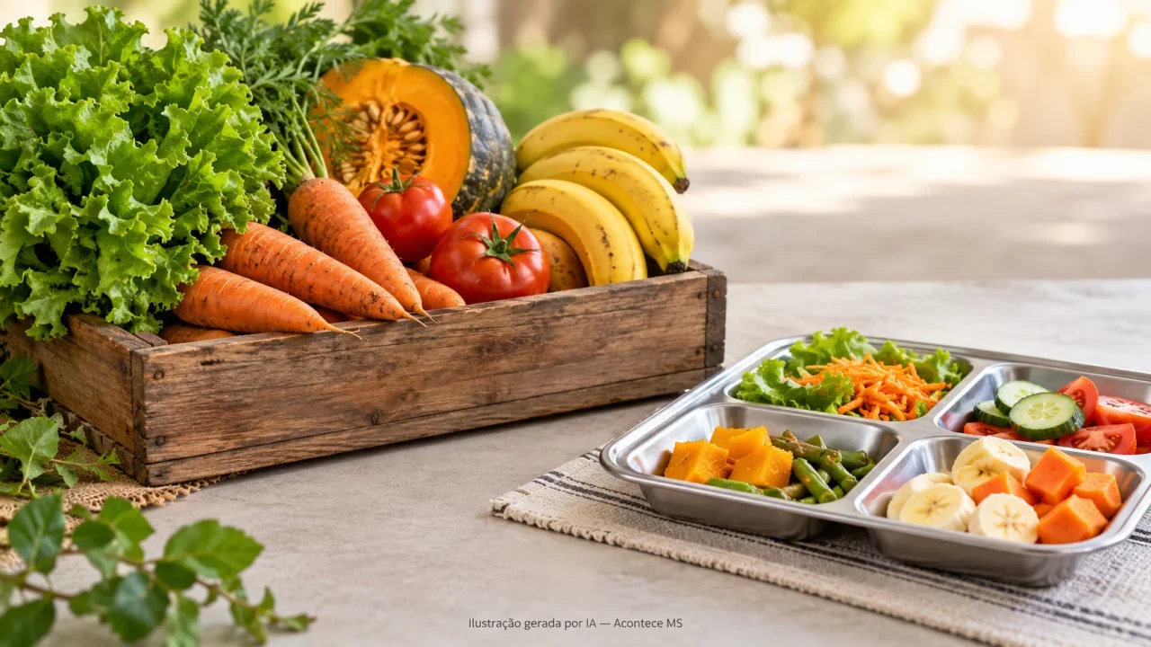 Ilustração conceitual de frutas e hortaliças em caixote junto a bandeja escolar; não representa entrega ou refeição efetivamente servida. Ilustração gerada por IA — Acontece MS.
