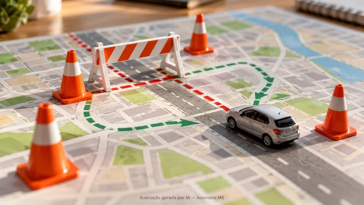 Ilustração conceitual de miniaturas de cones e barreira sobre mapa abstrato; não representa os bloqueios ou ruas reais. Ilustração gerada por IA — Acontece MS.