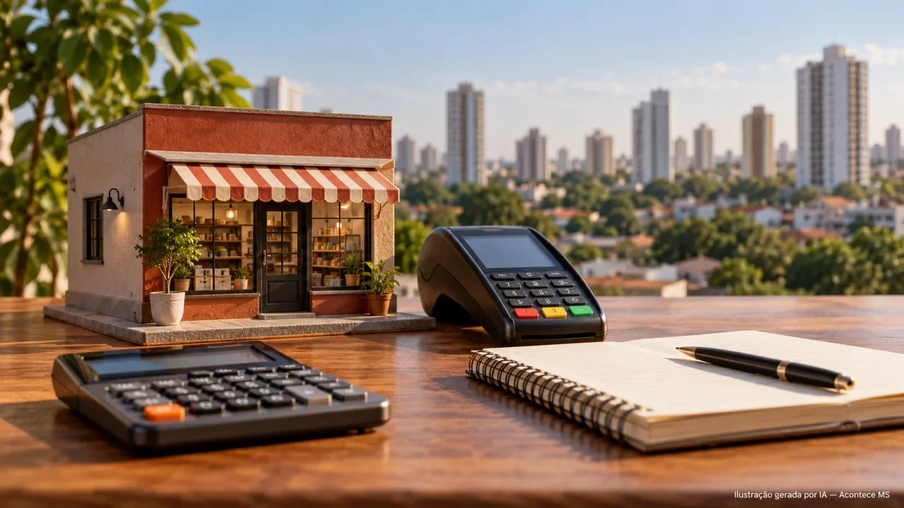 Ilustração conceitual de maquete de loja, terminal de pagamento e calculadora sobre pequenos negócios; não representa empresa real. Ilustração gerada por IA — Acontece MS.