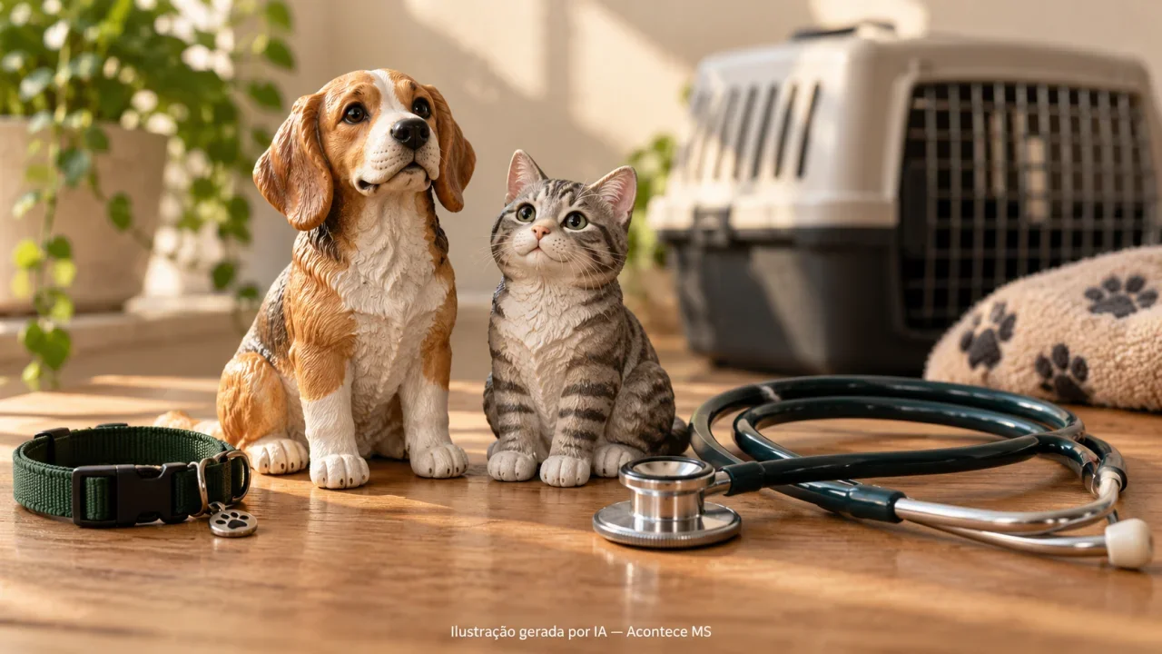Ilustração conceitual de esculturas de cão e gato, estetoscópio e coleira; não representa animais atendidos ou consultório real. Ilustração gerada por IA — Acontece MS.