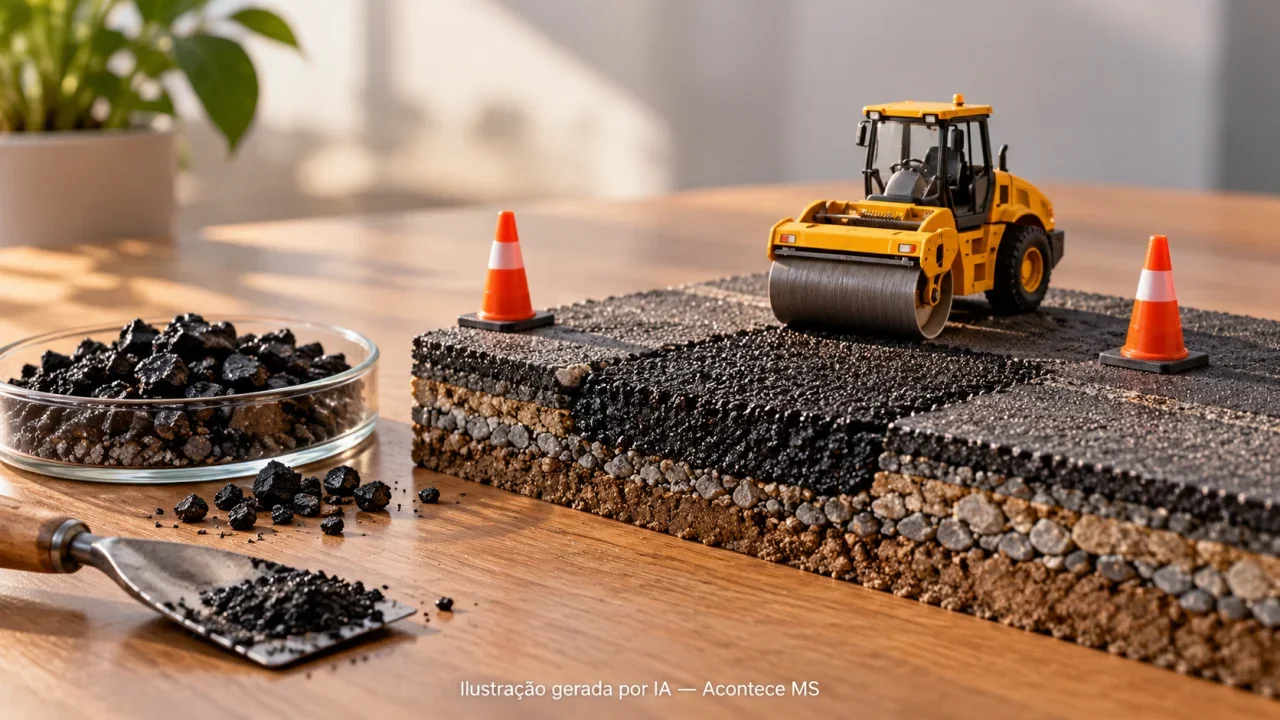Ilustração conceitual de maquete de pavimento reparado, rolo compactador e cones; não representa obra ou rua real. Ilustração gerada por IA — Acontece MS.
