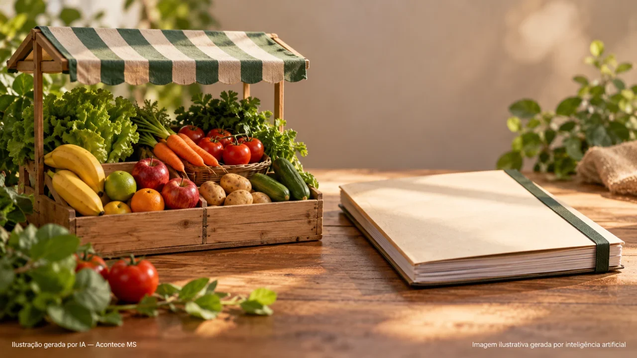 Composição conceitual de banca de frutas e documento sobre proposta para feiras livres. Ilustração gerada por IA — Acontece MS.