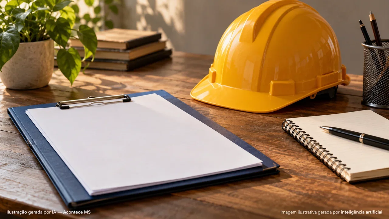 Composição conceitual de currículo e materiais de trabalho sobre oportunidades de emprego. Ilustração gerada por IA — Acontece MS.