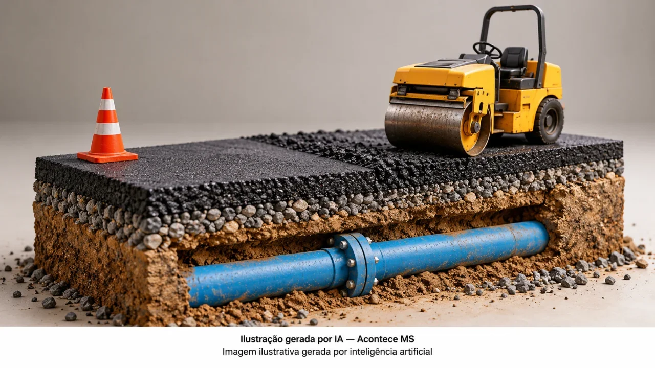 Maquete de pavimento e tubulação, simbolizando renovação da infraestrutura. Não é fotografia do fato. Ilustração gerada por IA — Acontece MS.