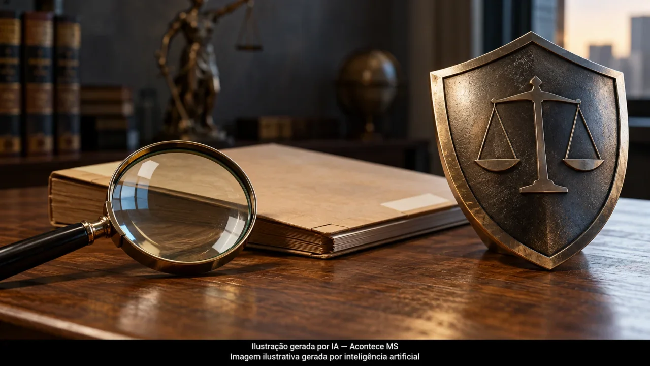 Lupa, pasta e escudo, simbolizando investigação criminal. Não é fotografia do fato. Ilustração gerada por IA — Acontece MS.