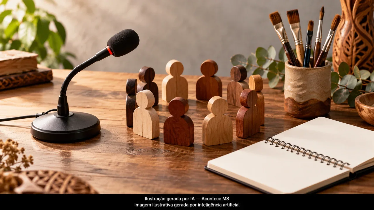 Microfone, caderno e pincéis, simbolizando escuta e planejamento cultural. Não é fotografia do fato. Ilustração gerada por IA — Acontece MS.