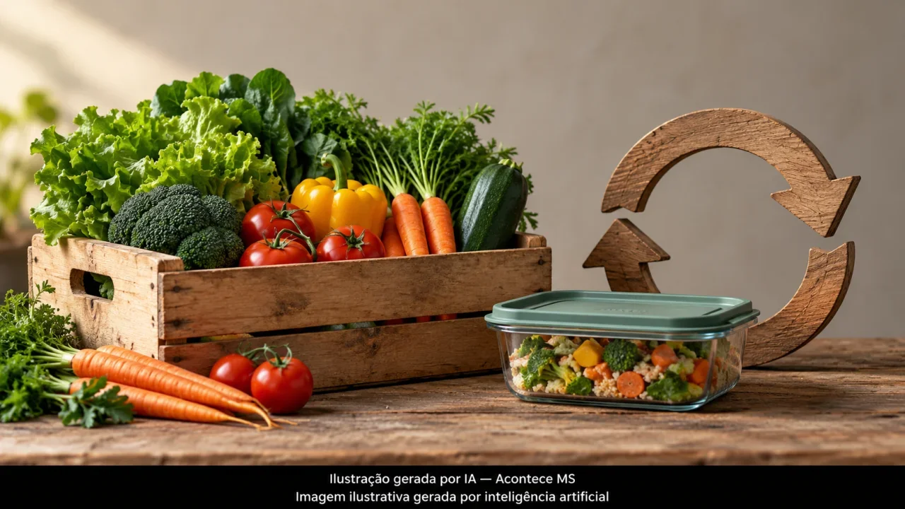 Hortaliças e recipiente reutilizável, simbolizando aproveitamento alimentar. Não é fotografia do fato. Ilustração gerada por IA — Acontece MS.