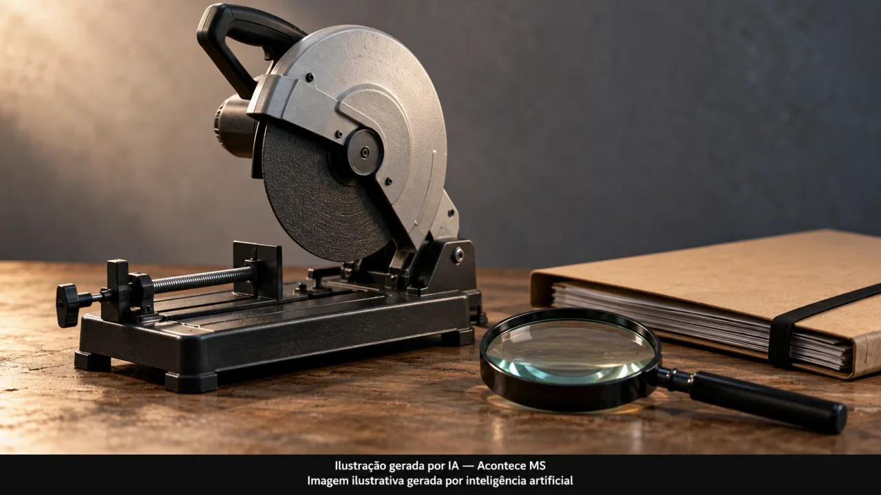 Miniatura de policorte e lupa, simbolizando investigação de equipamento furtado. Não é fotografia do fato. Ilustração gerada por IA — Acontece MS.