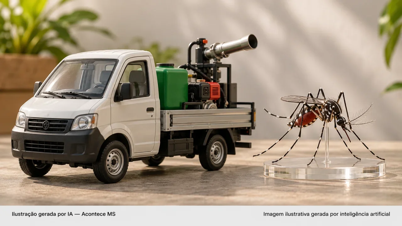 Maquete de veículo de controle vetorial e modelo de mosquito, simbolizando combate ao Aedes aegypti. Não é fotografia do fato. Ilustração gerada por IA — Acontece MS.