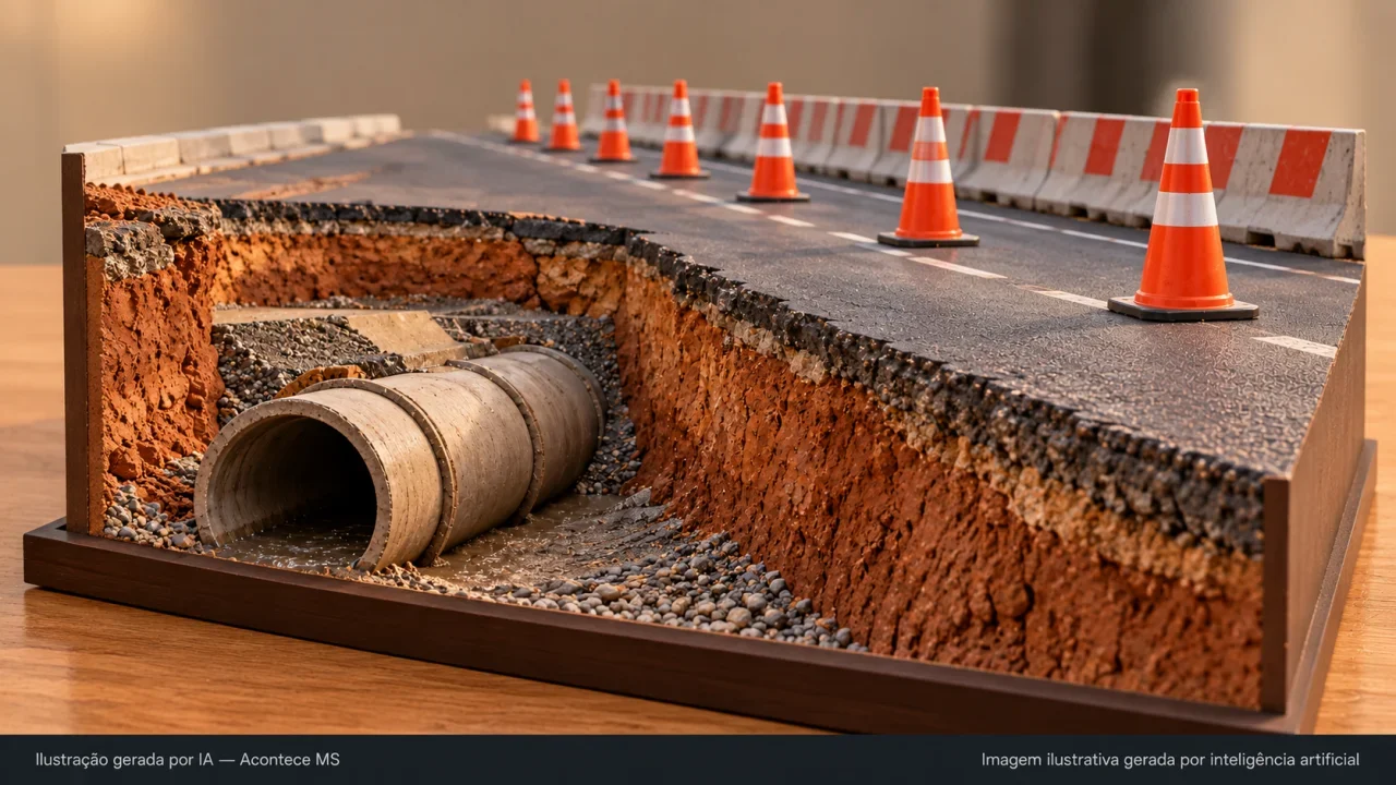 Maquete de pista parcialmente isolada e tubulação, simbolizando obras de saneamento e desvio de trânsito. Não é fotografia do fato. Ilustração gerada por IA — Acontece MS.
