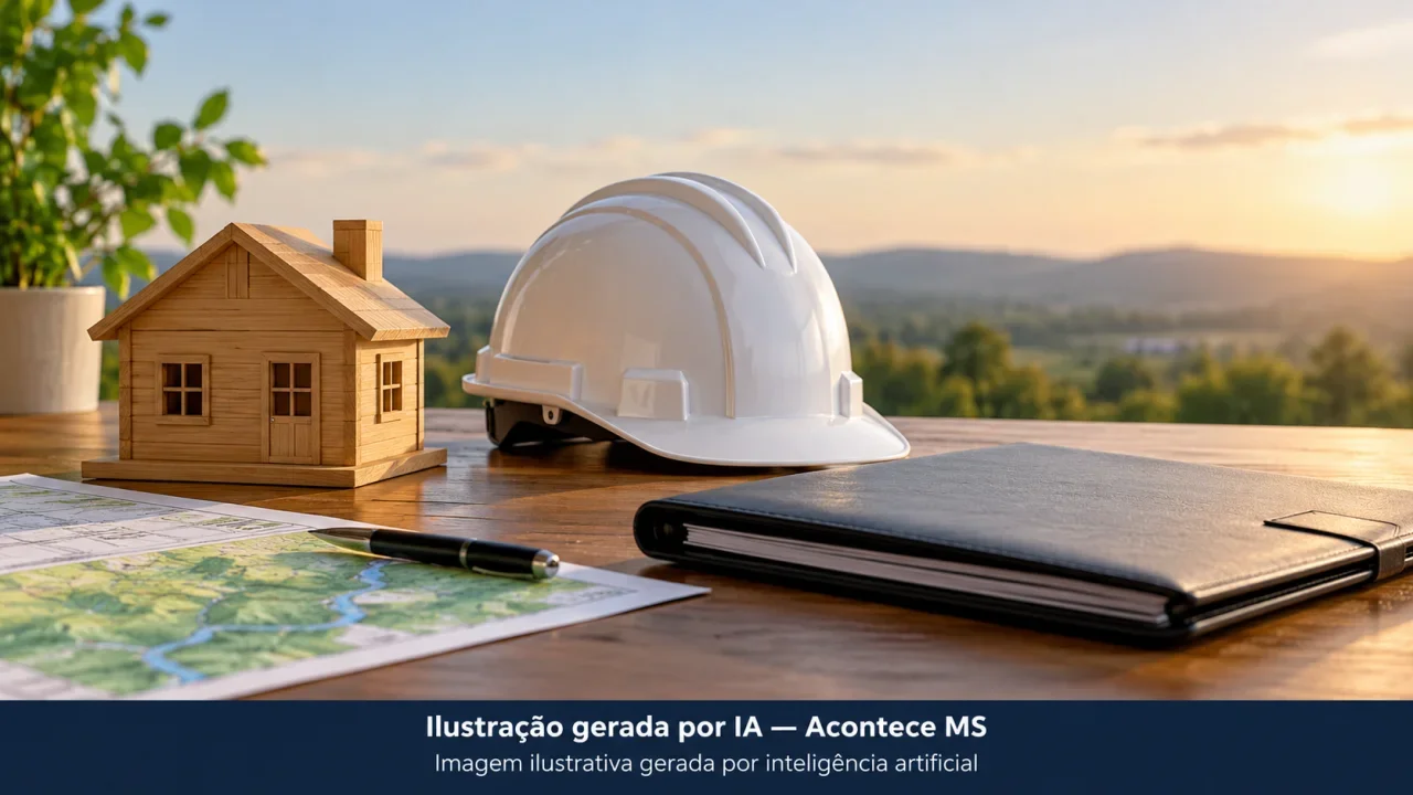 Casa de madeira, capacete e pasta de planejamento, simbolizando recuperação e proteção da defesa civil. Não é fotografia do fato. Ilustração gerada por IA — Acontece MS.