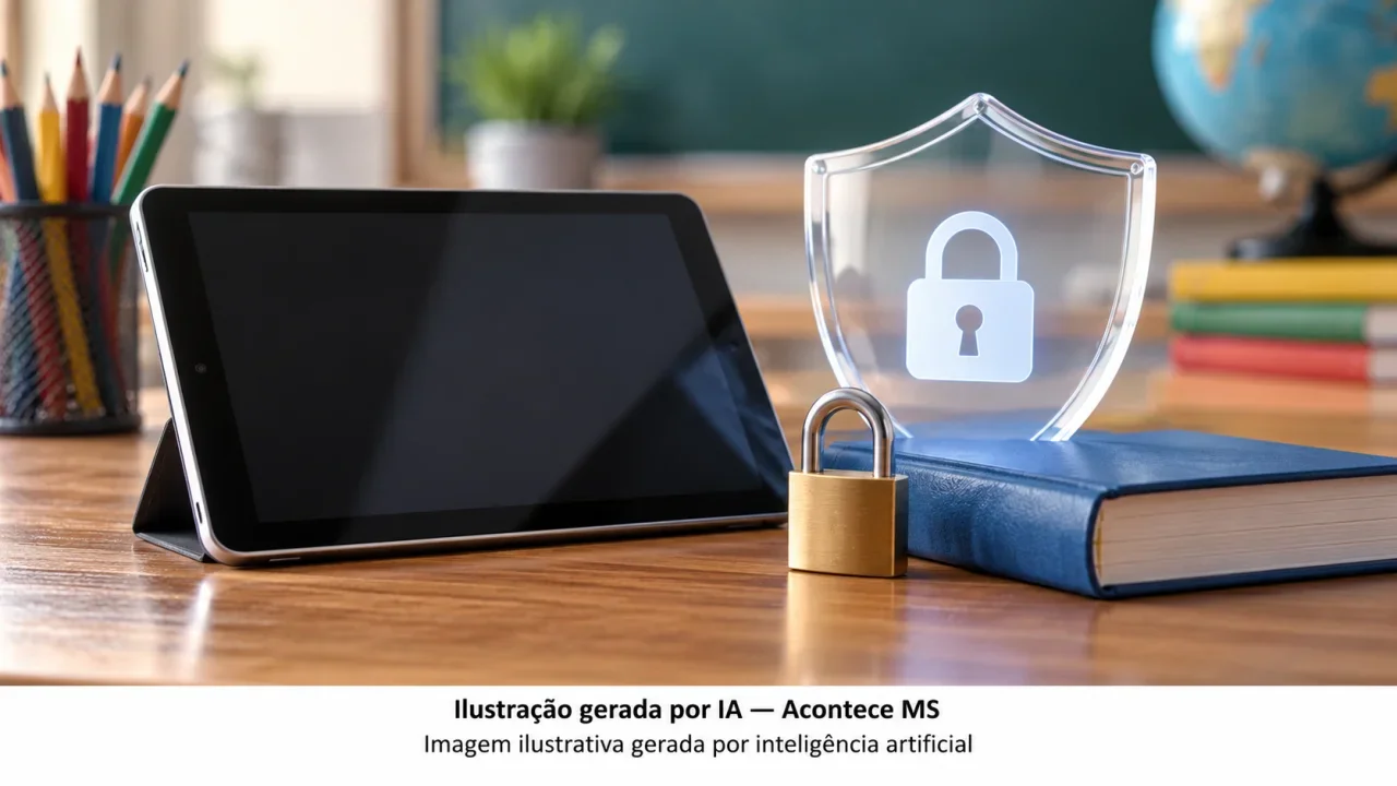 Tablet, livro e cadeado, simbolizando proteção de dados e segurança digital escolar. Não é fotografia do fato. Ilustração gerada por IA — Acontece MS.
