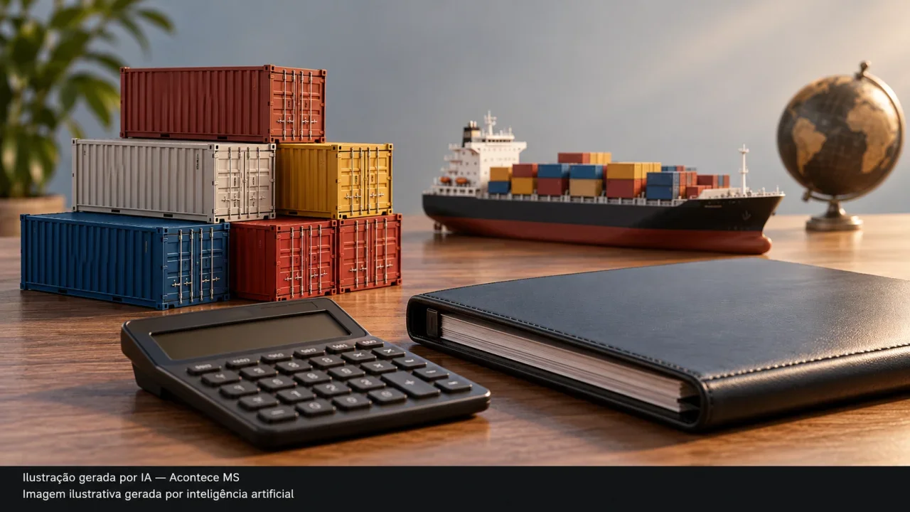 Miniaturas de contêineres, navio e calculadora, simbolizando exportação e financiamento produtivo. Não é fotografia do fato. Ilustração gerada por IA — Acontece MS.