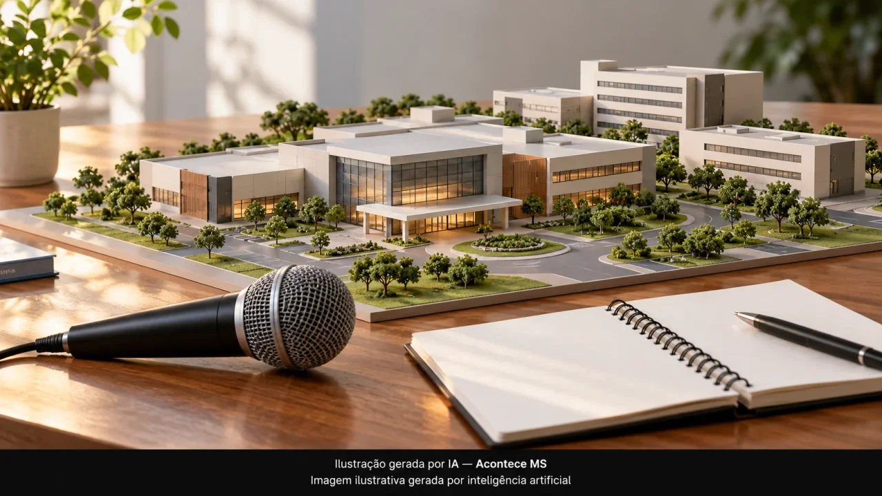 Maquete genérica de unidade de saúde, microfone e caderno, simbolizando debate sobre planejamento hospitalar. Não é fotografia do fato. Ilustração gerada por IA — Acontece MS.