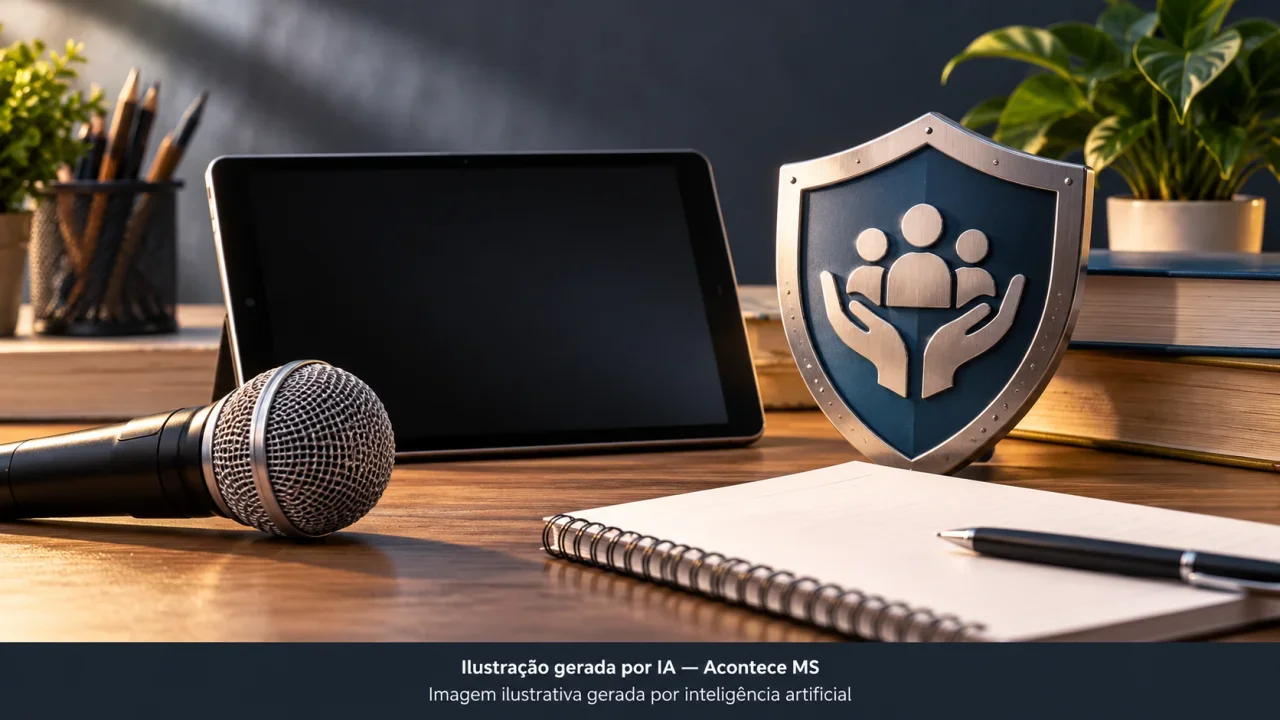 Microfone, tablet e escudo, simbolizando prevenção ao bullying e segurança digital escolar. Não é fotografia do fato. Ilustração gerada por IA — Acontece MS.