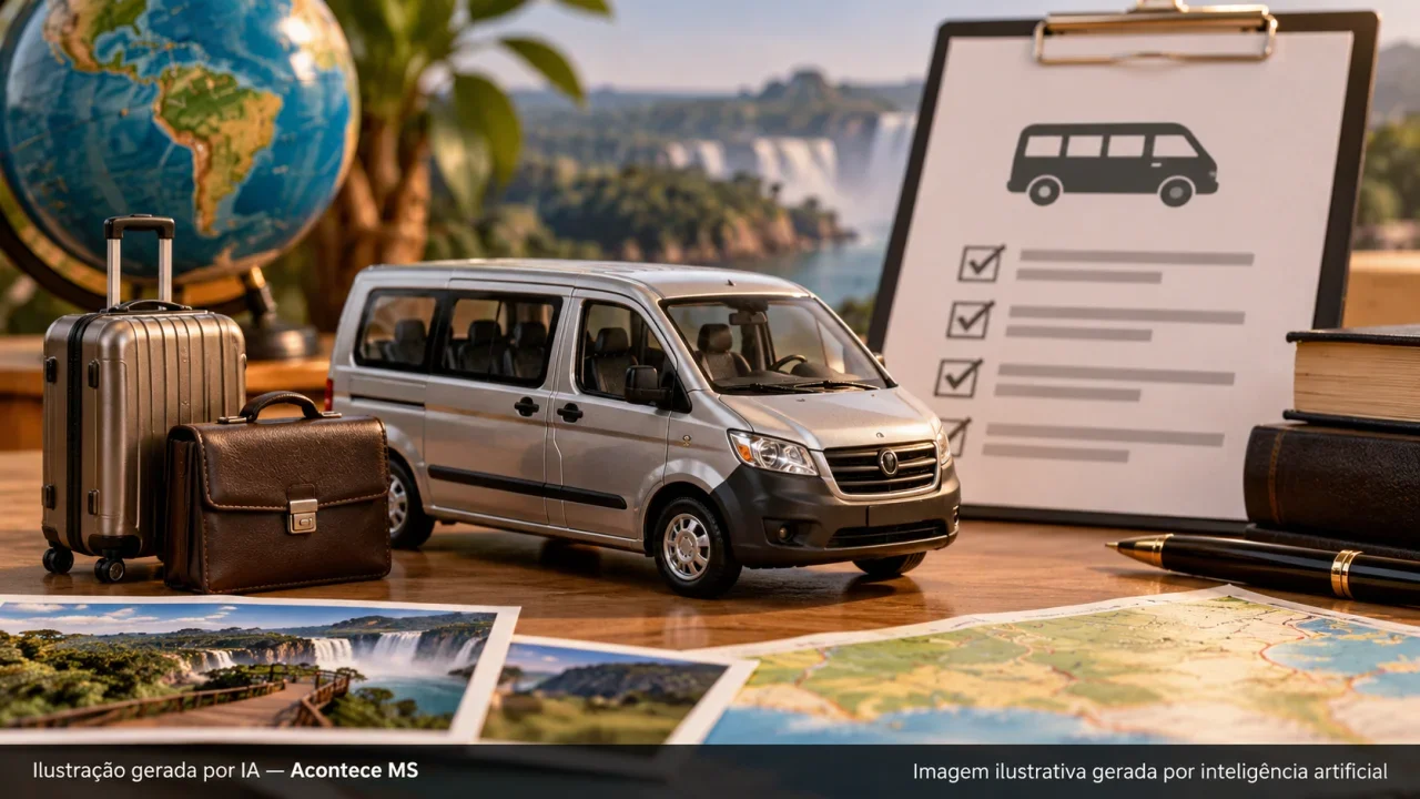 Miniatura de veículo, mala e pasta, simbolizando proposta de regras para transporte turístico. Não é fotografia do fato. Ilustração gerada por IA — Acontece MS.