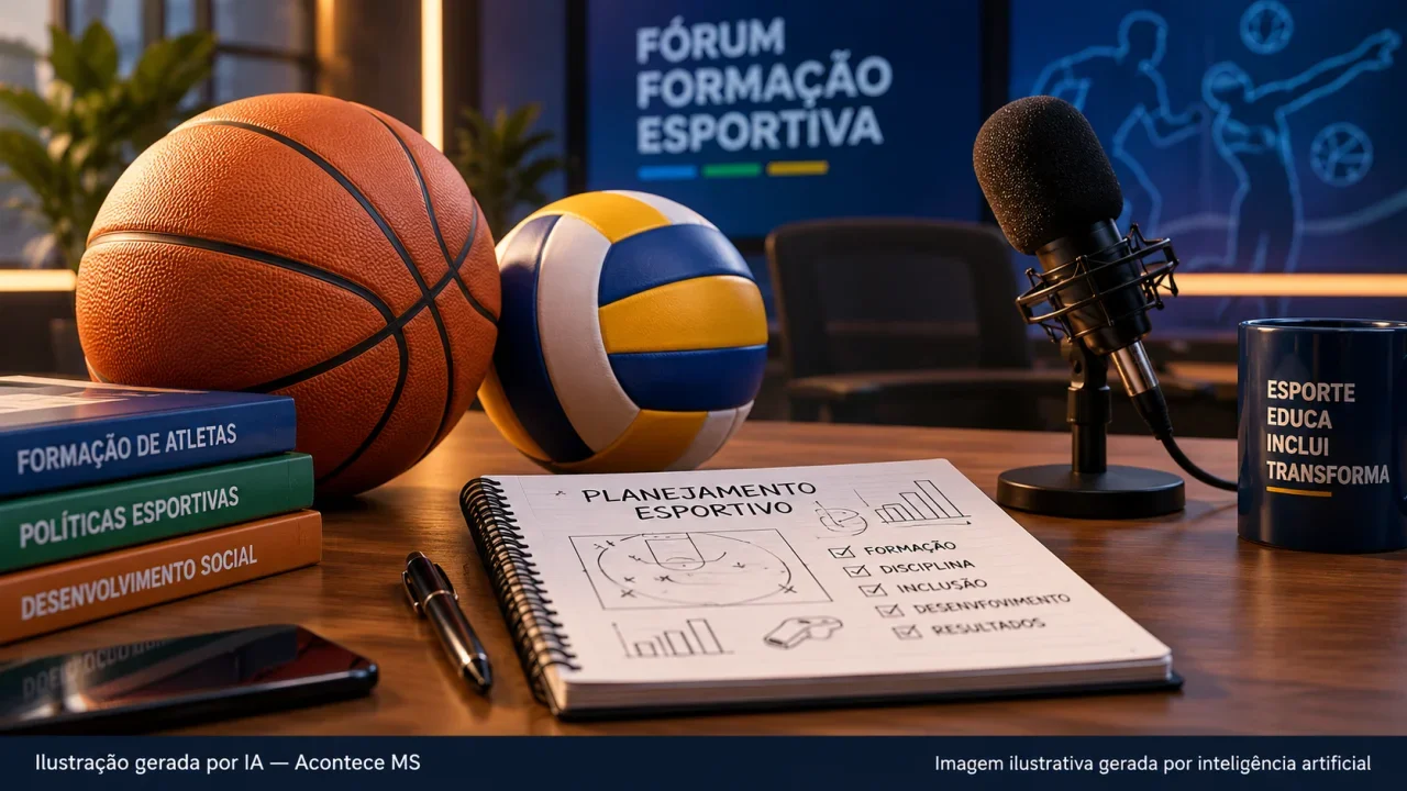 Bolas de basquete e vôlei com planejamento esportivo. Ilustração conceitual, não fotografia do evento. Ilustração gerada por IA — Acontece MS.