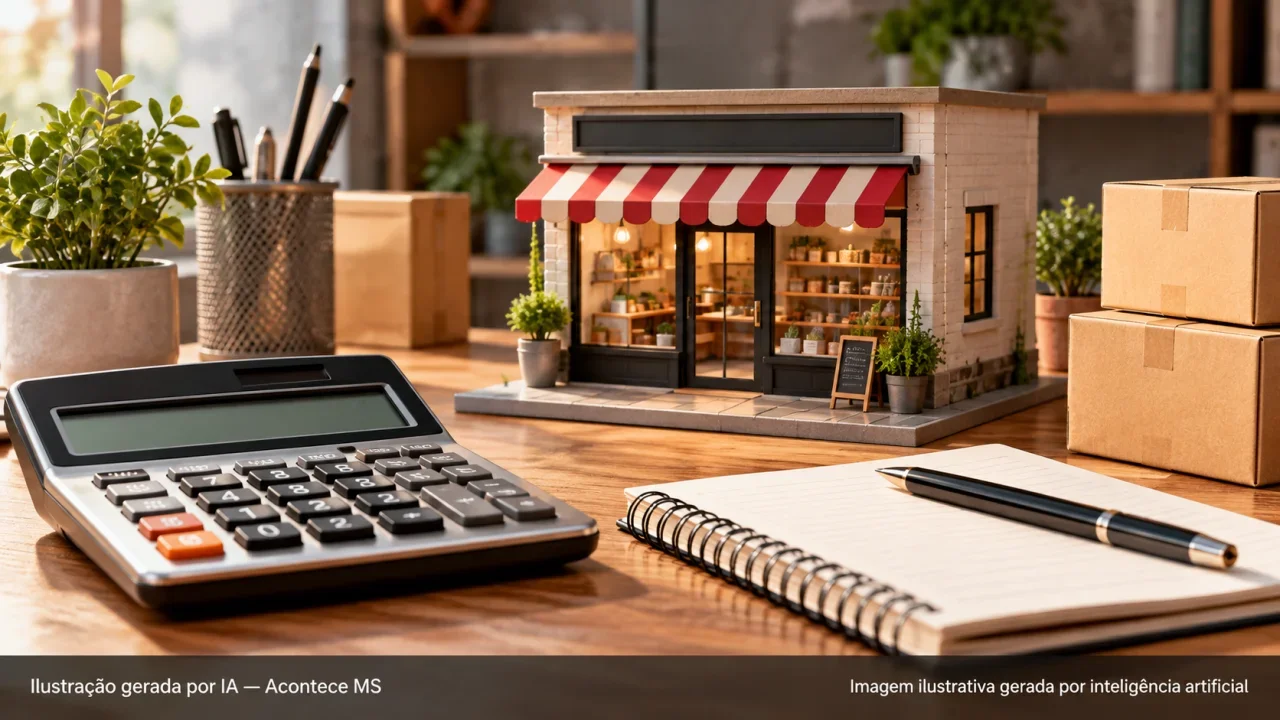 Miniatura de loja e calculadora simbolizando microempreendedorismo. Ilustração conceitual. Ilustração gerada por IA — Acontece MS.