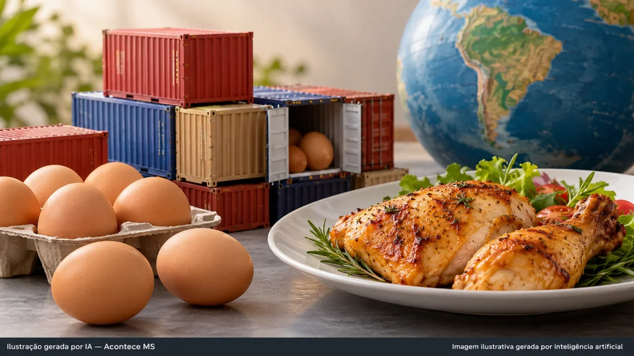 Contêineres em miniatura, ovos e frango simbolizando exportação de proteína animal. Não é fotografia da feira. Ilustração gerada por IA — Acontece MS.