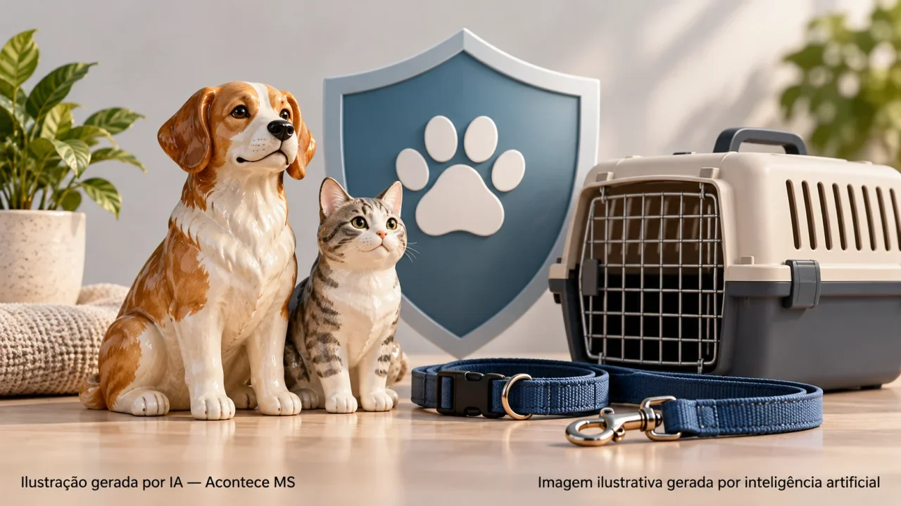 Esculturas de cão e gato, guia e caixa de transporte simbolizando prevenção da raiva em animais. Não é fotografia da campanha. Ilustração gerada por IA — Acontece MS.