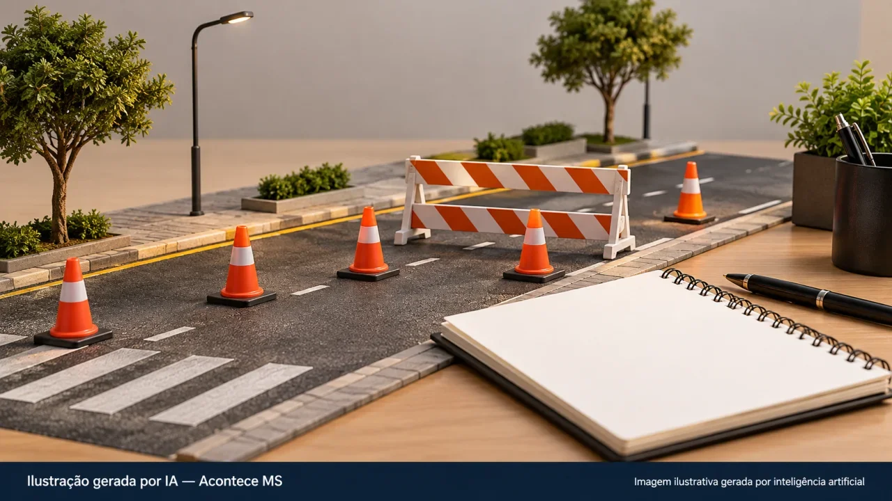Maquete genérica de rua com cones e barreira móvel simbolizando interdições temporárias para eventos. Não é fotografia dos bloqueios. Ilustração gerada por IA — Acontece MS.