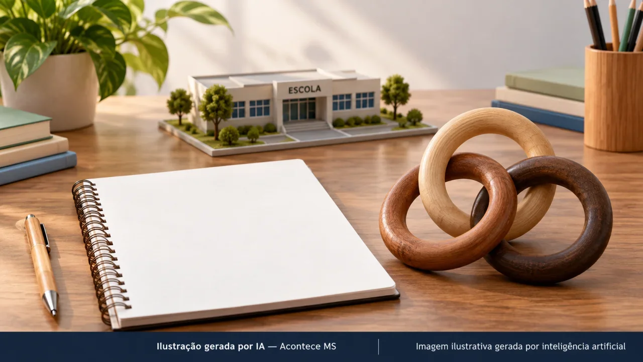 Caderno, maquete de escola e argolas interligadas simbolizando redes de apoio no ambiente escolar. Ilustração gerada por IA — Acontece MS.