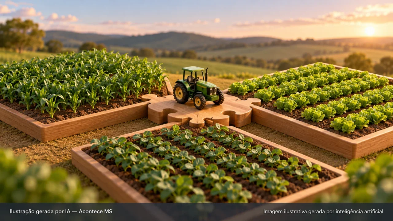 Maquete com trator entre parcelas agrícolas simbolizando compartilhamento rural. Ilustração gerada por IA — Acontece MS.