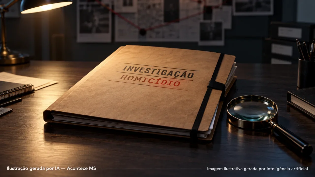 Lupa sobre pasta fechada simbolizando investigação policial; não representa a ocorrência. Ilustração gerada por IA — Acontece MS.