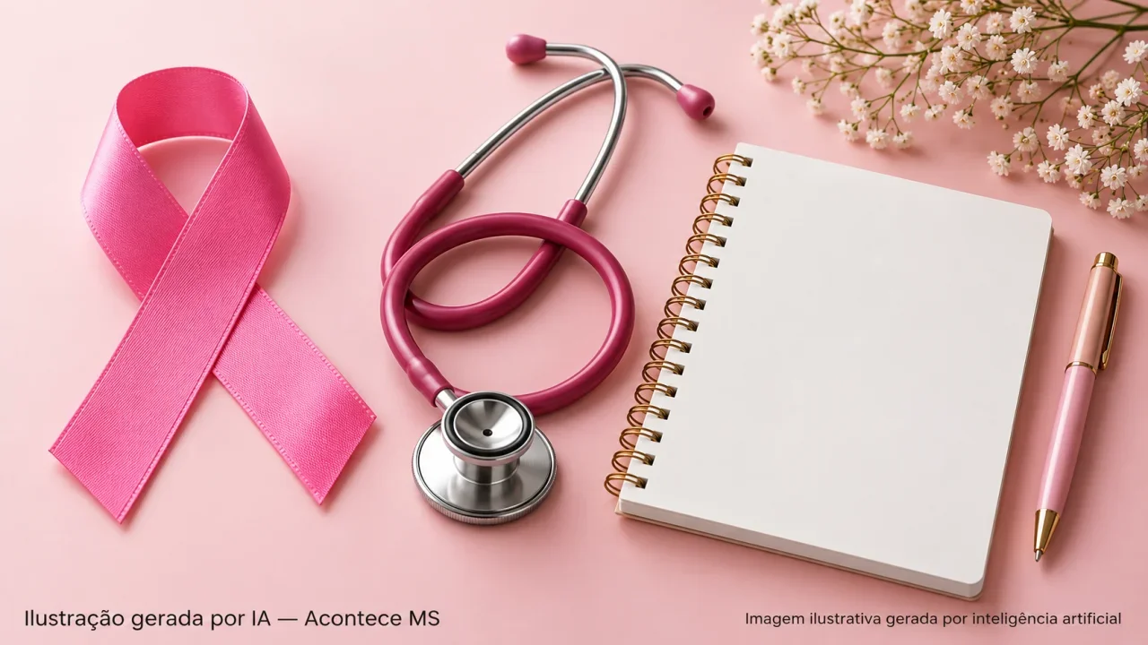 Laço rosa, estetoscópio e caderno simbolizando prevenção e cuidado feminino. Ilustração gerada por IA — Acontece MS.