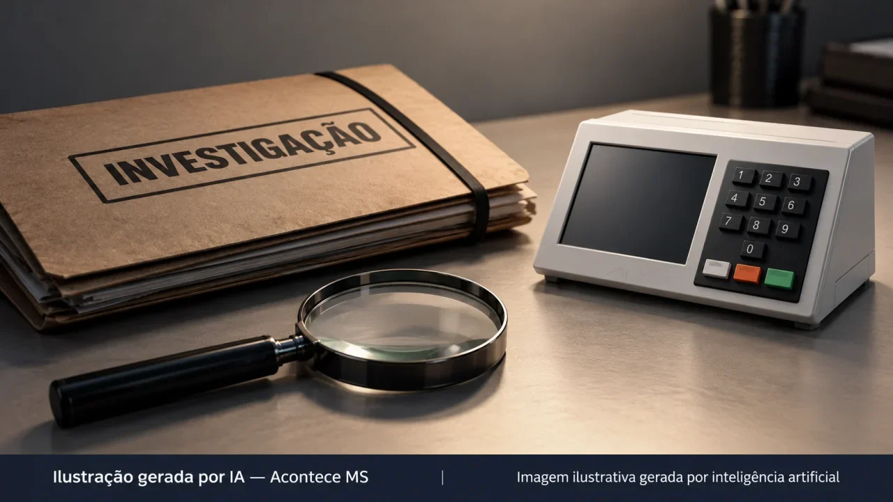 Lupa, pasta e urna simbólica intacta em miniatura simbolizando investigação; não representa a ocorrência. Ilustração gerada por IA — Acontece MS.