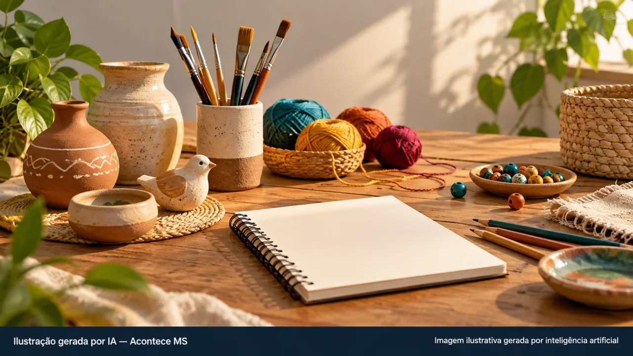Peças artesanais, pincéis e fios simbolizando economia criativa local. Ilustração gerada por IA — Acontece MS.