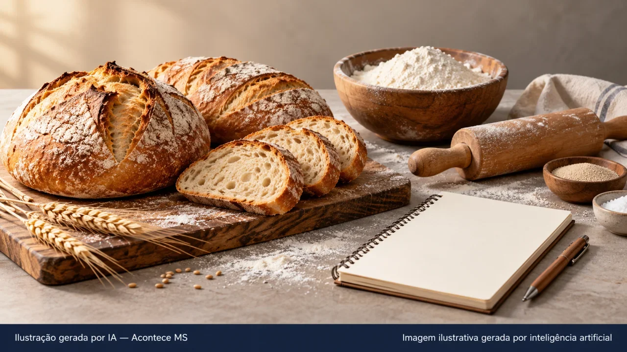 Pães, farinha e rolo de massa simbolizando formação profissional em panificação. Ilustração gerada por IA — Acontece MS.