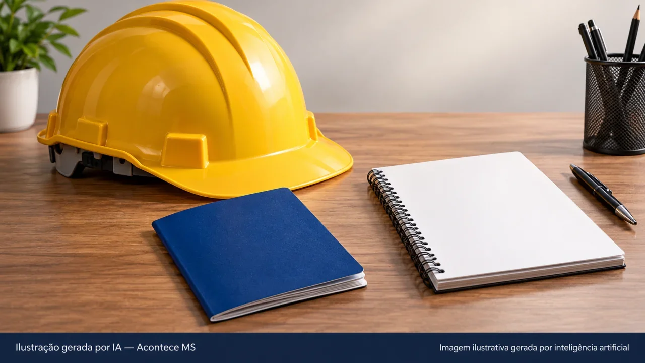 Carteira de trabalho genérica e capacete simbolizando oportunidades de emprego. Ilustração gerada por IA — Acontece MS.
