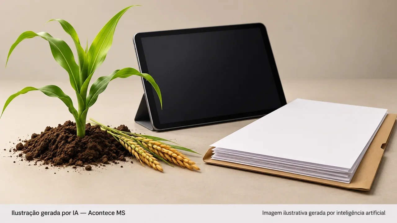 Muda, espigas e tablet simbolizando proposta de crédito rural digital. Ilustração gerada por IA — Acontece MS.