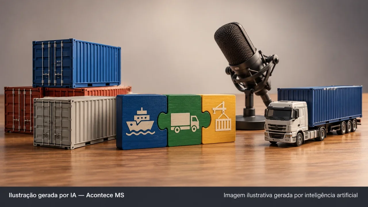 Miniaturas de contêineres e caminhão com microfone simbolizando integração logística e aduaneira. Ilustração gerada por IA — Acontece MS.