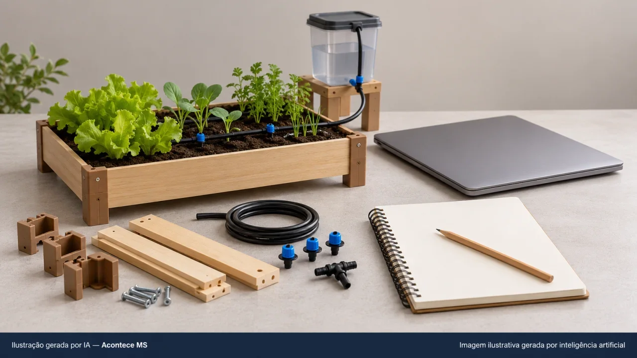 Maquete de horta e caderno de ideias simbolizando inovação escolar. Ilustração gerada por IA — Acontece MS.