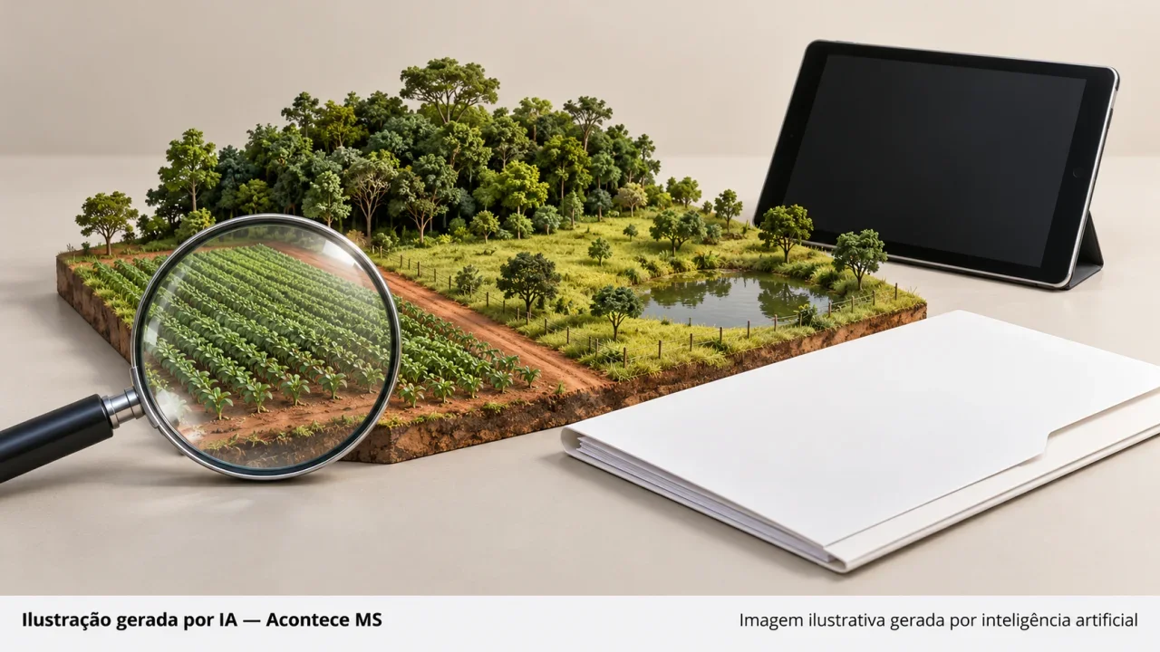 Maquete rural, lupa e tablet simbolizando proposta de simplificação do cadastro ambiental. Ilustração gerada por IA — Acontece MS.