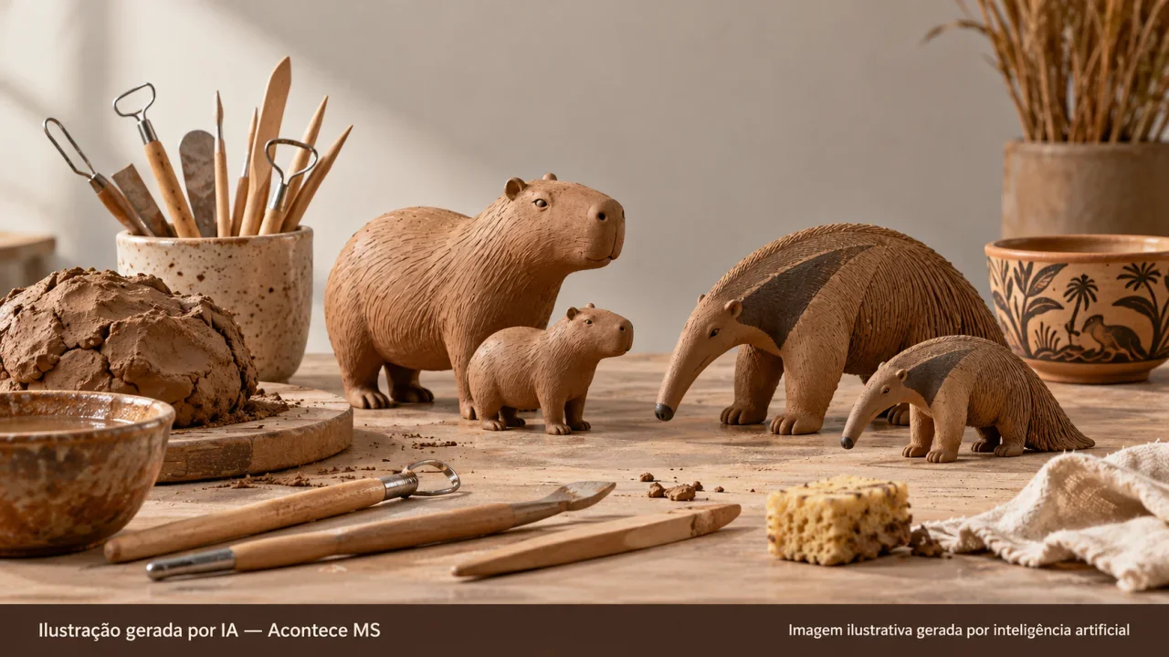Argila, ferramentas e pequenas esculturas genéricas de animais simbolizando oficina de cerâmica pantaneira. Ilustração gerada por IA — Acontece MS.