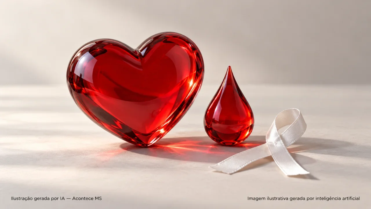 Coração e gota de vidro vermelho com laço branco simbolizando solidariedade e doação de sangue em memória de entes queridos. Não é fotografia da campanha. Ilustração gerada por IA — Acontece MS.