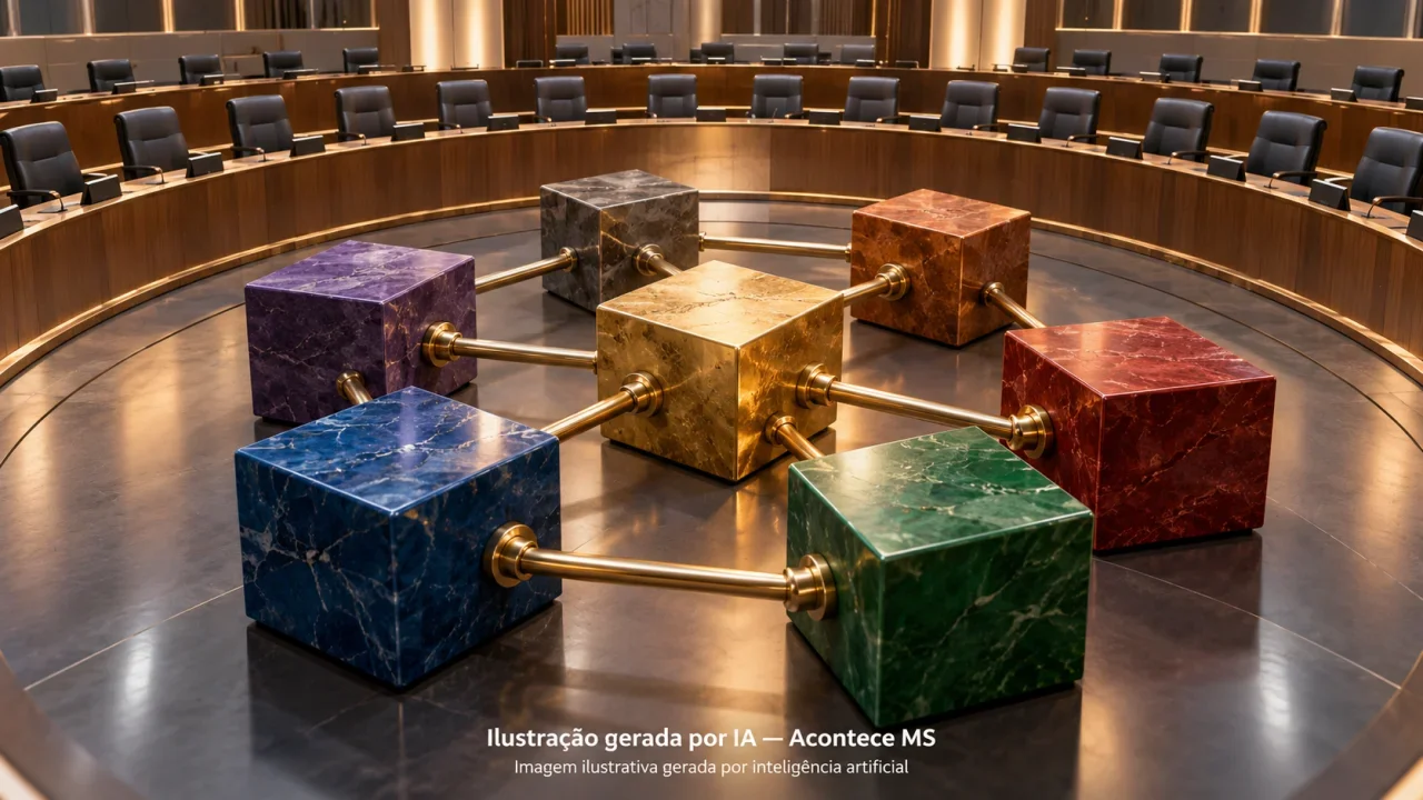 Maquete simbólica de cadeiras parlamentares vazias e blocos conectados, representando articulação política. Não é fotografia do fato. Ilustração gerada por IA — Acontece MS.