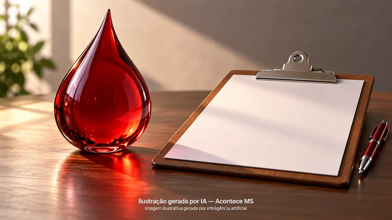 Gota de vidro vermelho e prancheta simbolizando cadastro para doação de sangue. Não é fotografia do fato. Ilustração gerada por IA — Acontece MS.