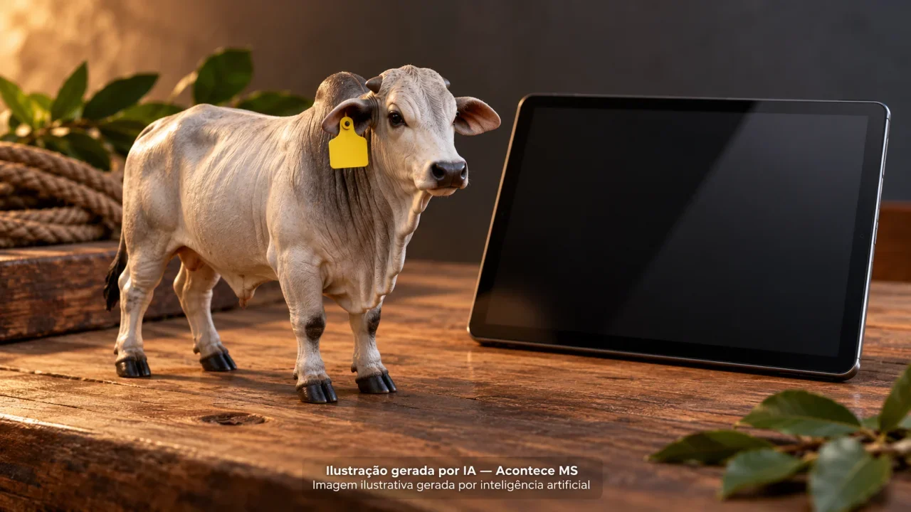Miniatura bovina com brinco e tablet simbolizando rastreabilidade do rebanho. Não é fotografia do fato. Ilustração gerada por IA — Acontece MS.