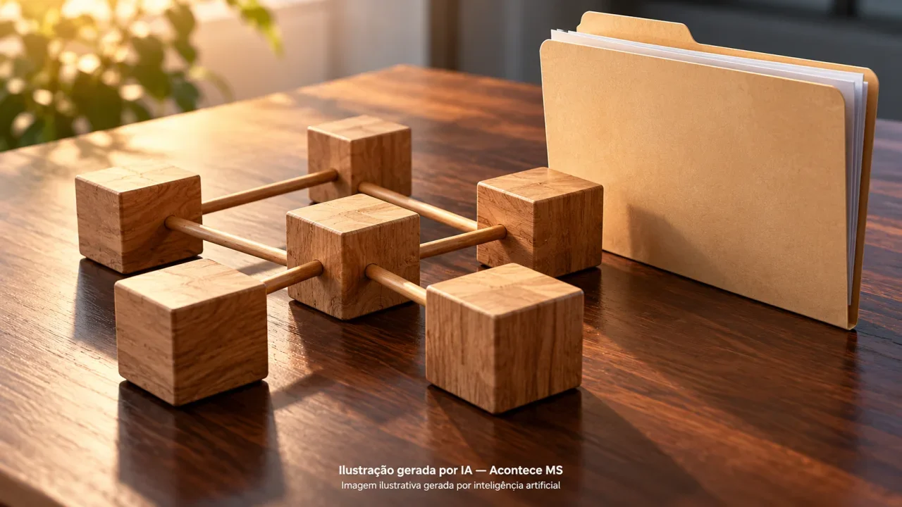 Blocos conectados e pasta simbolizando governança e planejamento institucional. Não é fotografia do fato. Ilustração gerada por IA — Acontece MS.