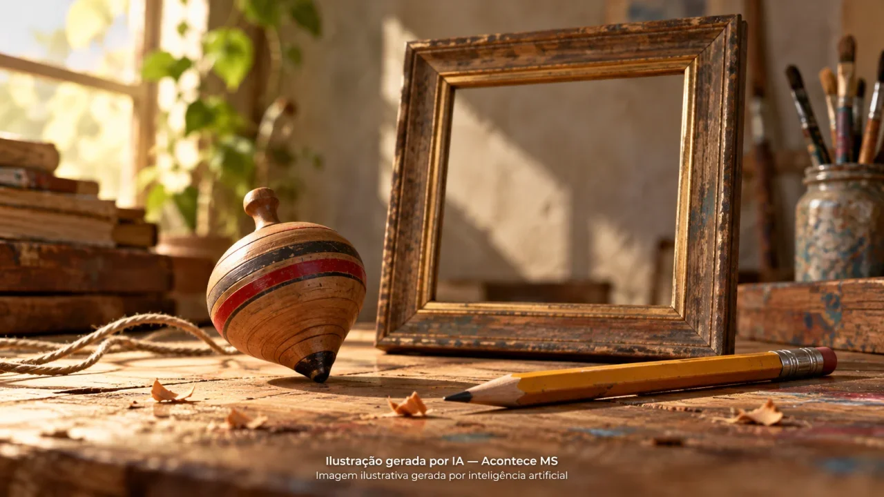 Pião, lápis e moldura vazia simbolizando lembranças da infância, sem reproduzir obras da exposição. Não é fotografia do fato. Ilustração gerada por IA — Acontece MS.