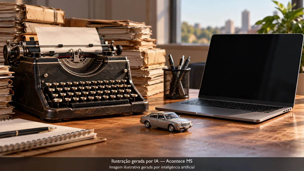 Máquina de escrever, arquivos de papel, notebook e miniatura de automóvel simbolizam a evolução dos registros de trânsito. Não é fotografia do fato. Ilustração gerada por IA — Acontece MS.