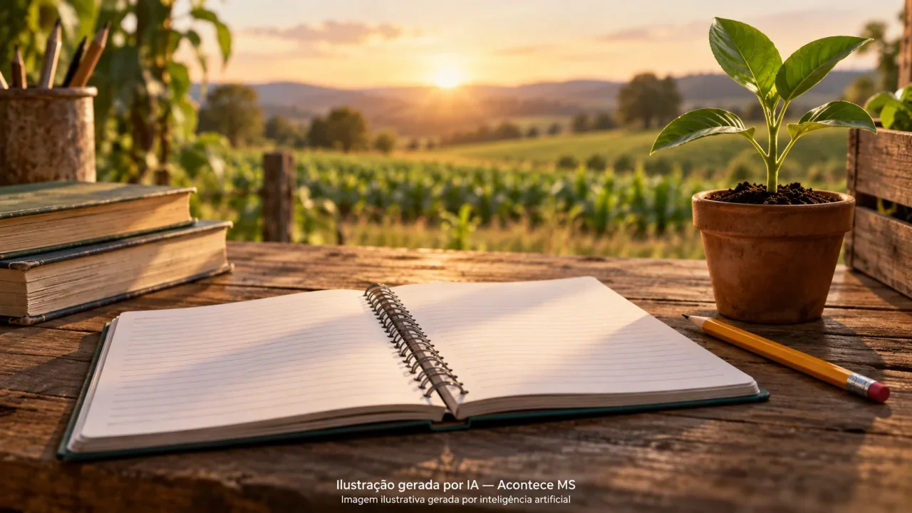 Caderno escolar, lápis e muda em vaso simbolizam educação e agricultura familiar. Não é fotografia do fato. Ilustração gerada por IA — Acontece MS.