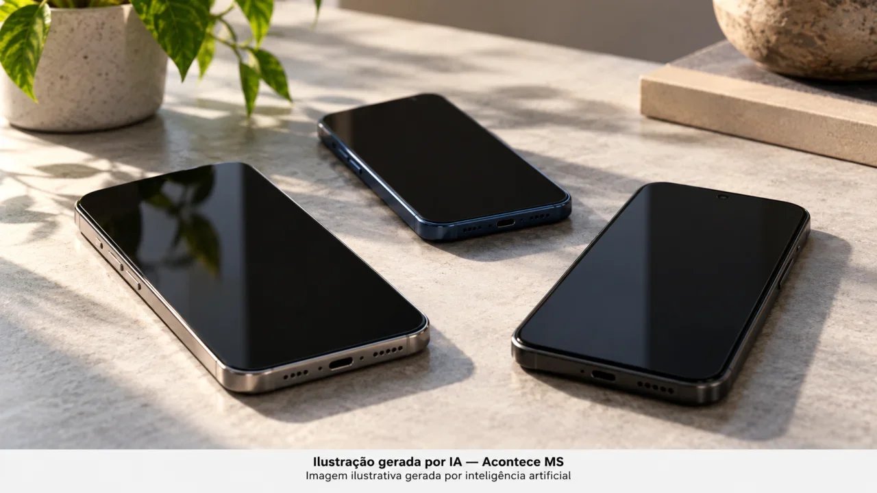 Três smartphones genéricos desligados simbolizam aparelhos recuperados, sem representar os objetos do caso. Não é fotografia do fato. Ilustração gerada por IA — Acontece MS.