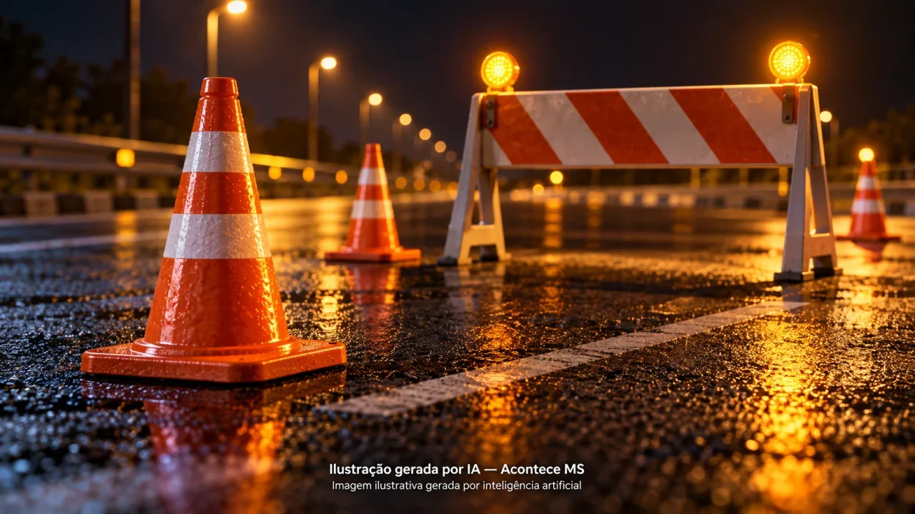 Cones e barreira genérica em maquete de asfalto noturno simbolizam interdição viária, sem representar o cruzamento real. Ilustração gerada por IA — Acontece MS.